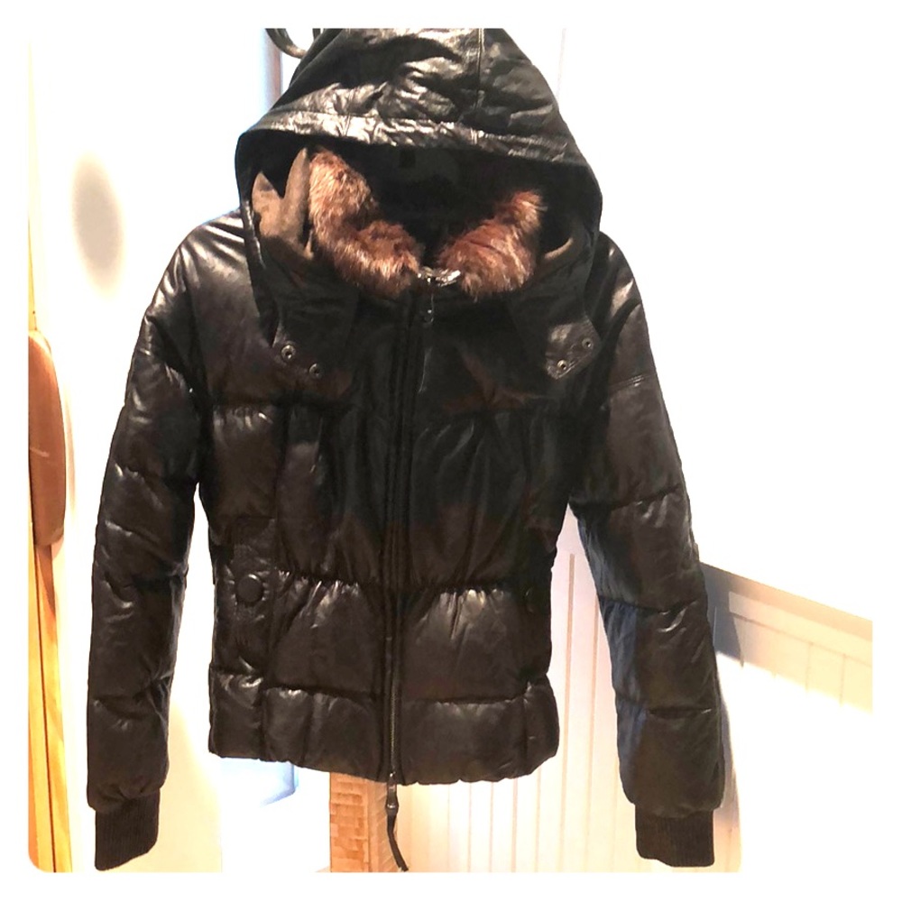Black leather bomber fur trimmed with hood